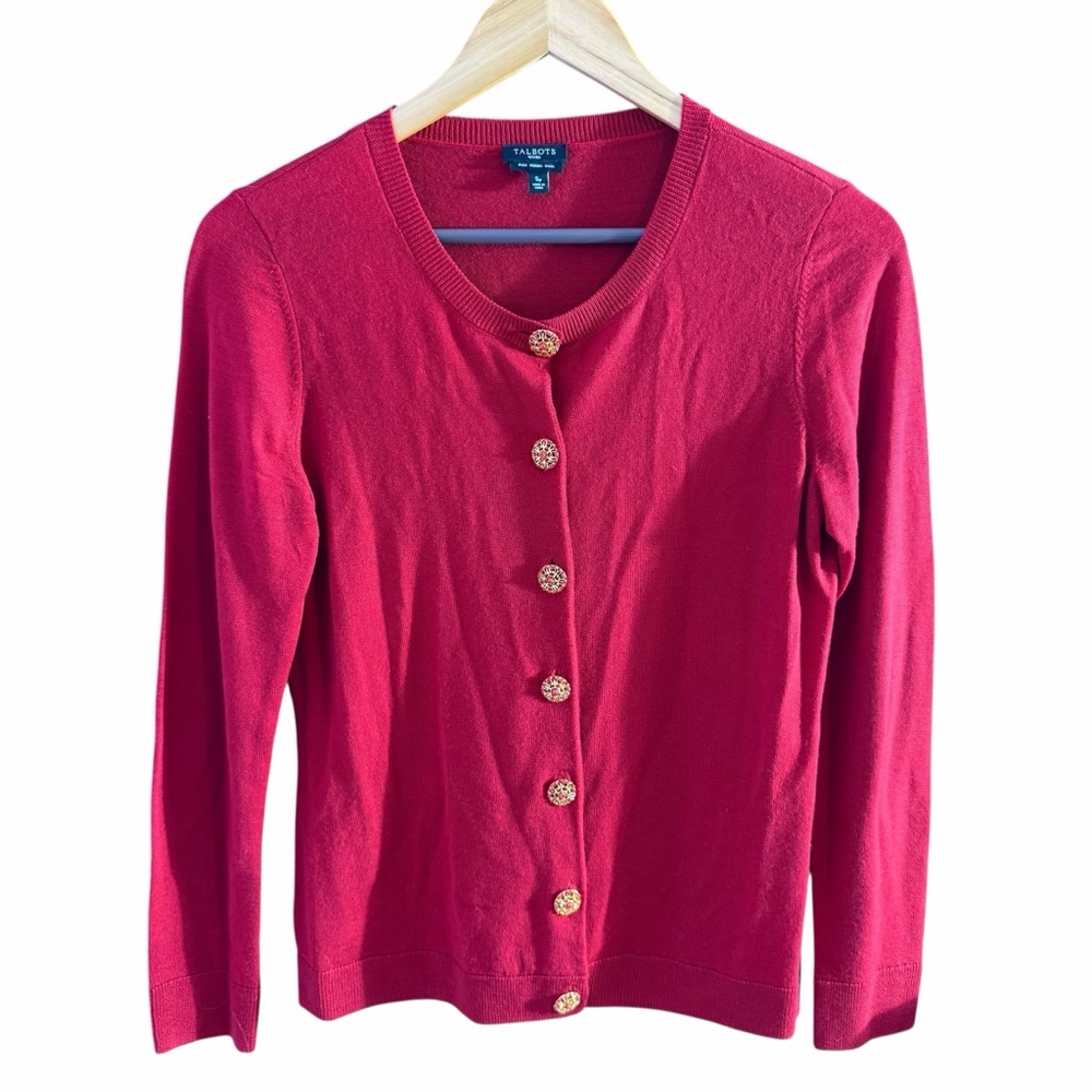 Talbots Red Merino Wool Cardigan with Decorative Buttons Small Petite - Picture 3 of 9
